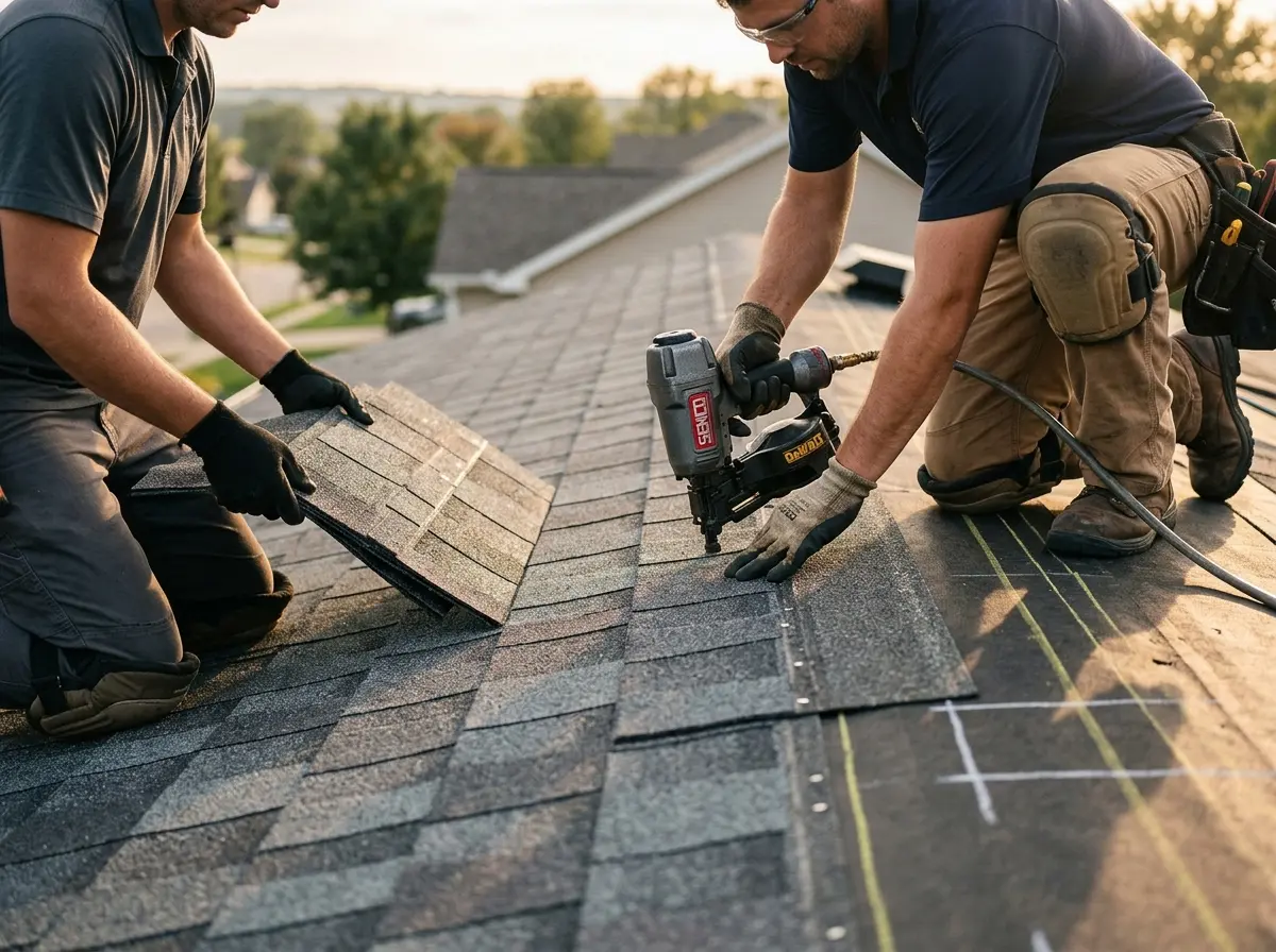 Professional roofer working on a residential roof in St. Paul